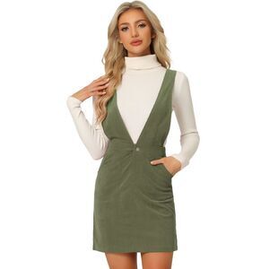 Women's Corduroy Overall Pinafore Dress Strap Suspender Skirt Green